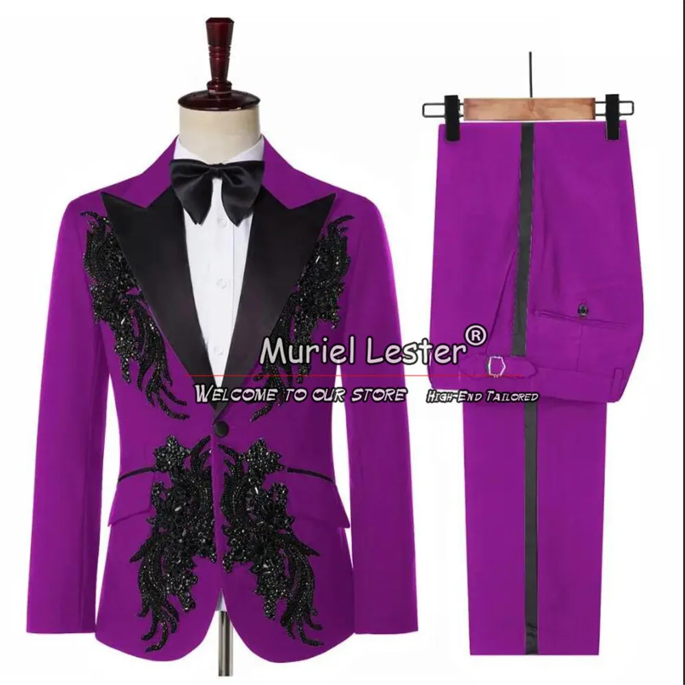 

Purple Groom Wear Wedding Suits With Beaded Appliques Blazer Pants 2 Pieces Men's Tuxedos Bespoke Trajes Elegante Para Hombres