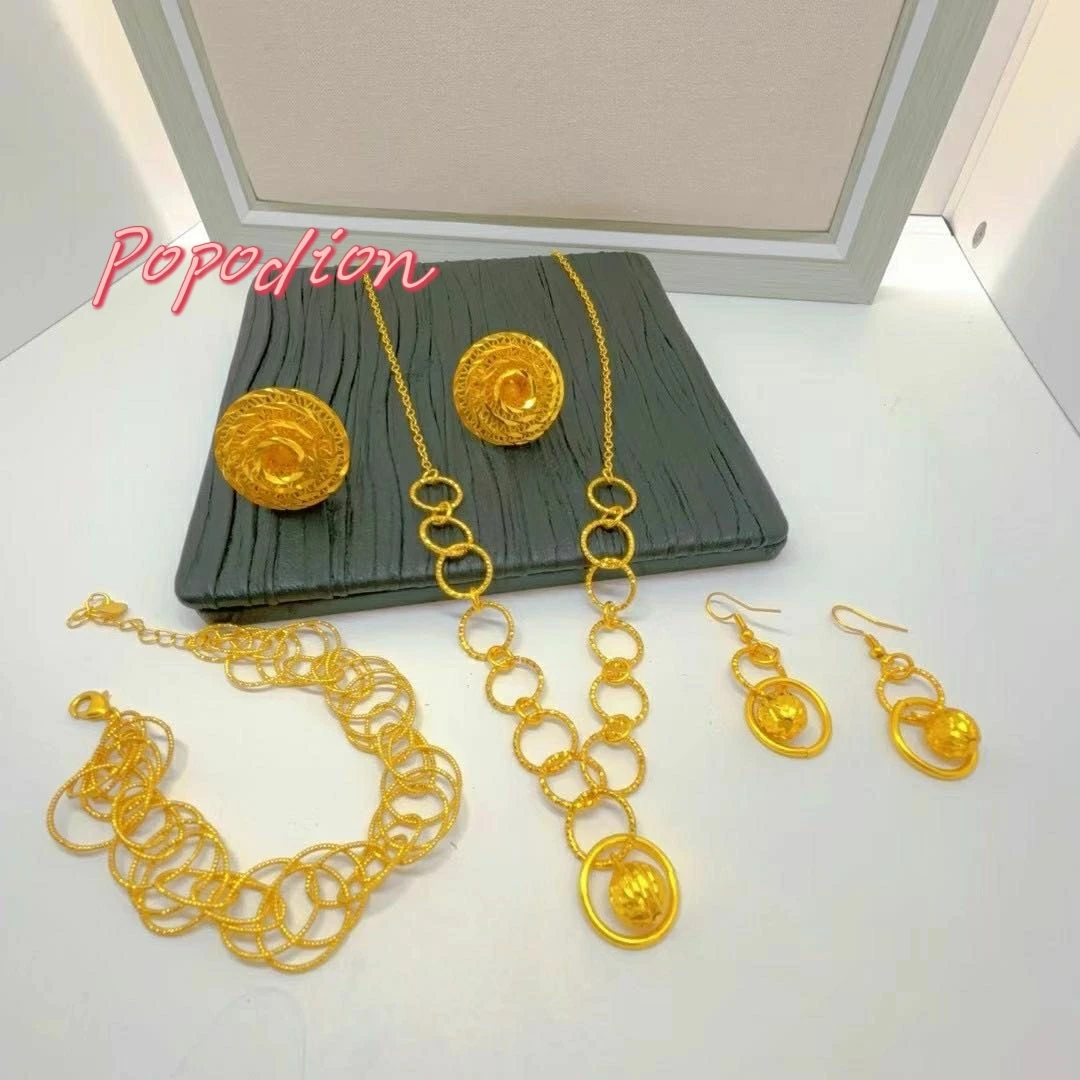 Popodion  24K Gold Plated Jewelry Necklace Earrings Rings Bracelets Exquisite Gifts For Women At Parties Jewelry Set YY10375 360 degree rotation jewelry tray multi compartment jewelry box desktop storage box for necklaces rings bracelets cosmetics