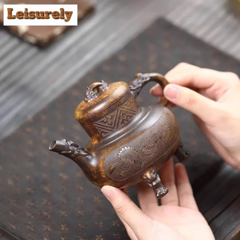 300ml Yixing Purple Clay Teapots Handmade Tripodia Furnace Tripod Pot Raw Ore Wood-fired Porcelain Mud Kettle Zisha Tea Set Gift