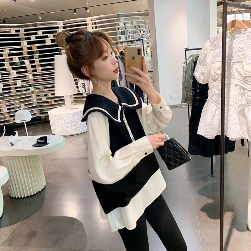 

2023 Contrast Panel Doll Neck Blouse Women Spring and Autumn Festive Design Sense Shirt Fake Two Piece Long Sleeve Blouse Top