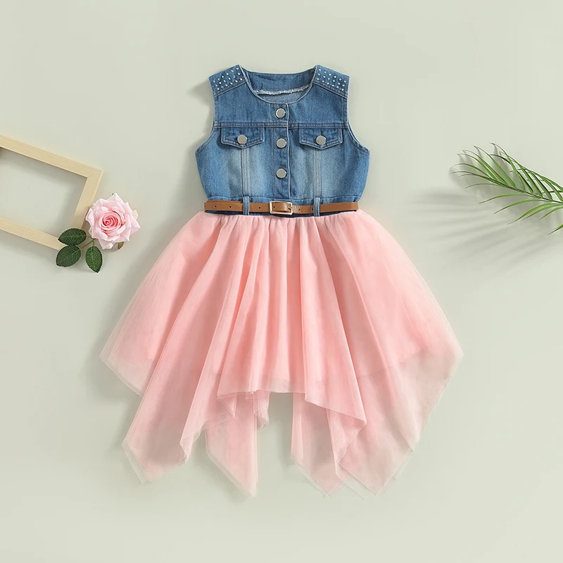 Cute Khaki O-Neck Patchwork Kids Mid Dresses Fall SS1037