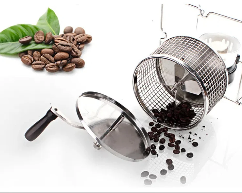DIY manual household hand cranked bean roaster, coffee green bean roaster, small stainless steel roller roaster