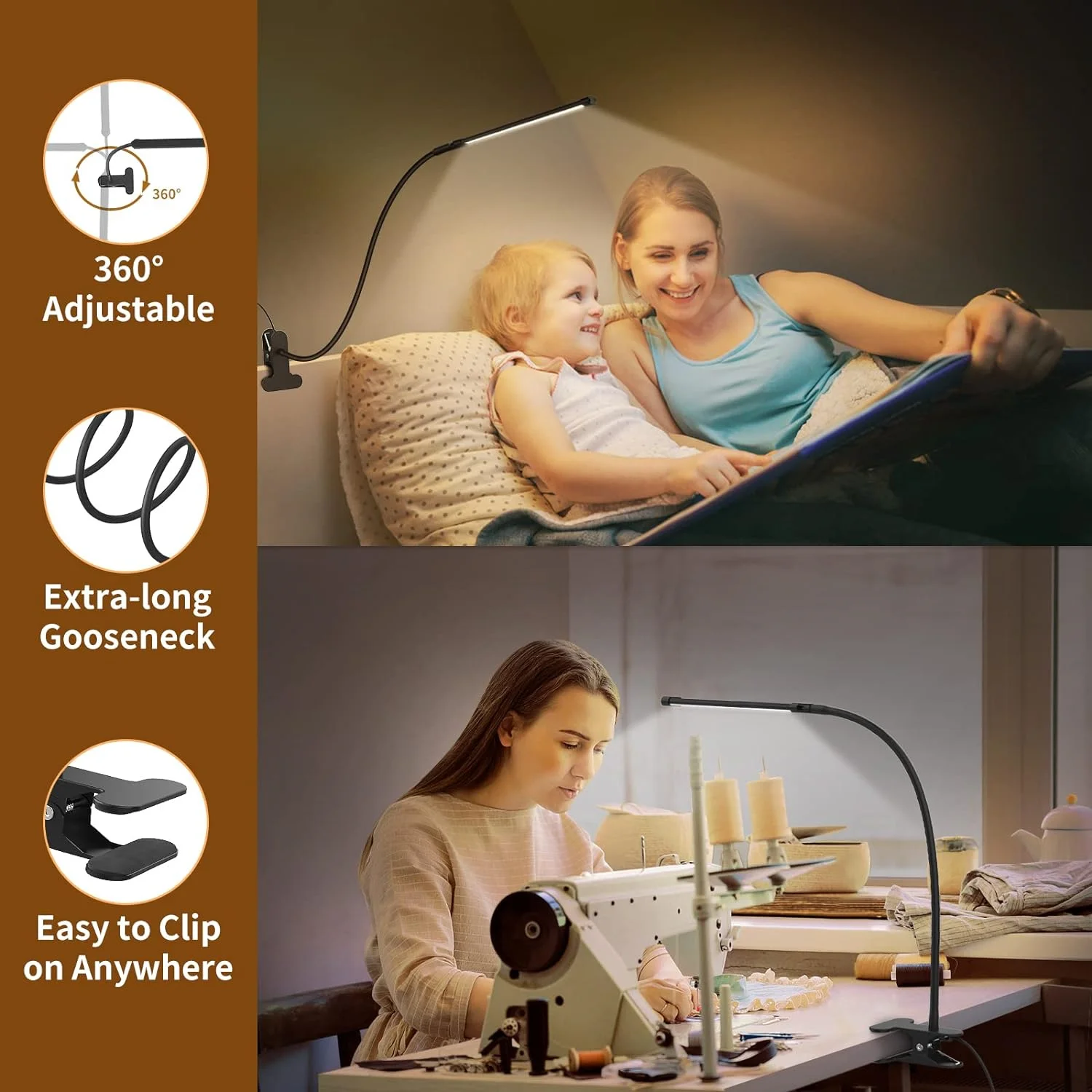 LED Desk Lamp with USB Rechargeable Book Light – Portable, Flexible, Warm to Daylight Illumination, Easy Clip