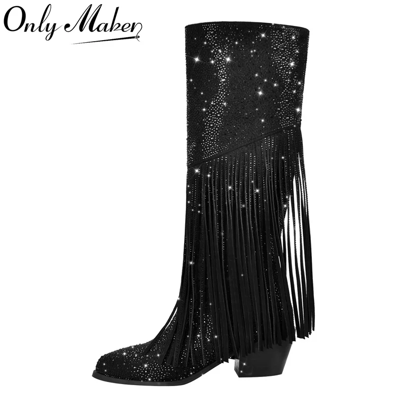 Onlymaker Women Knee High Boots Pointed Toe Fringe Black Western Cowboy Boots Wide Calf Block