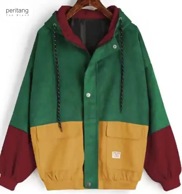 

Color Block Patchwork Corduroy Hooded Jackets Men Hip Hop Zipper Up Hoodies Coats Male Casual Streetwear Outerwear