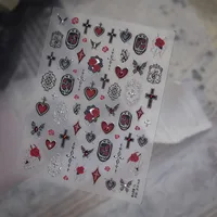 Autocollants pour ongles Gothic Rose 5D, motifs floraux rouges, croix, cœur rubis, papillon, bordure ajourée antique, strass, accessoires pour ongles audacieux 5
