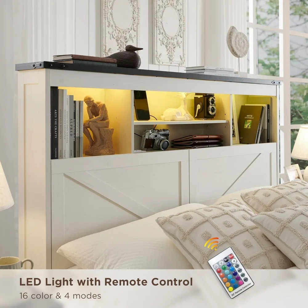 Noiseless Base Beds and Frames No Box Spring Needed- Luxury White Bedroom Furniture LED Light Bed Headboard Charging Station 5