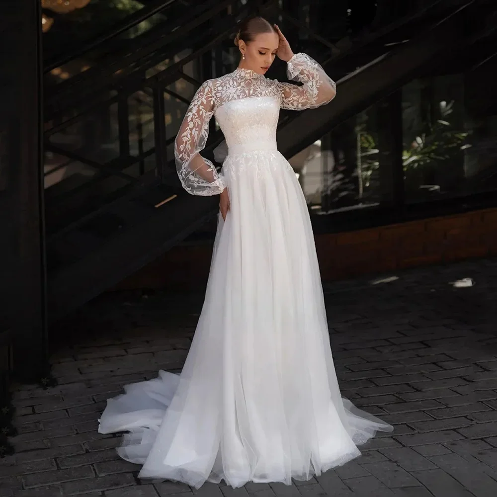 green emerald velvet dress Zapaka Women High Neck Wedding Dress with Puff Sleeves A Line Tulle Ivory Lace Long Bridal Dress, Ivory / US18W