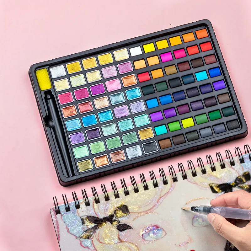 Solid Watercolor Paint Set with Glitter & Standard Color, Pearlescent Pigment Kit Portable Travel Supplies for Beginners Artists