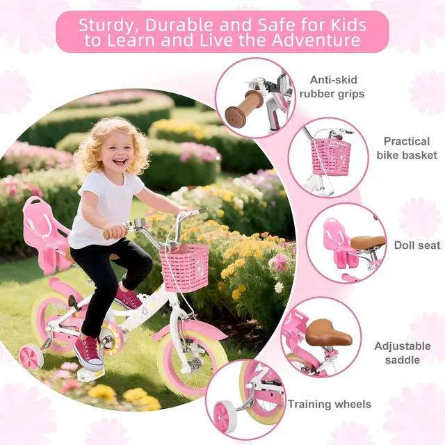 Girls' 12-16 Inch Bike with Training Wheels, Doll Seat, Basket, and Adjustable Seat for Ages 2-9