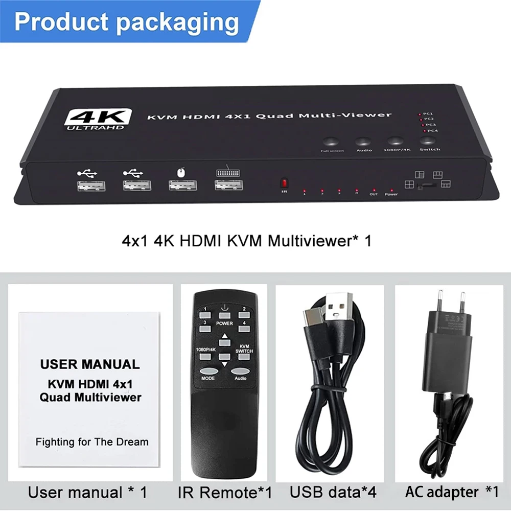 4K HDMI KVM Switch 4x1 Quad Multi Viewer 4 in 1 Out KVM HDMI Processor Screen Multiviewer Seamless for 4 PC Share Mouse Keyboard