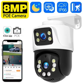 8MP 4K Dual Lens POE IP Camera PTZ Dual Screens Smart Home 360° Wired Video Surveillance IP Camera Motion Detection CCTV ICsee