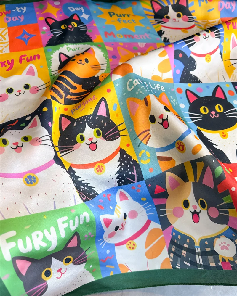 Luxuriöser Hijab Seidenschal und Wickeltuch mit Niedlichem Katzenmuster für Frauen Halstuch Haarband Handgelenk-Stirnband Bandana 2026 Echarpe – Detail 12