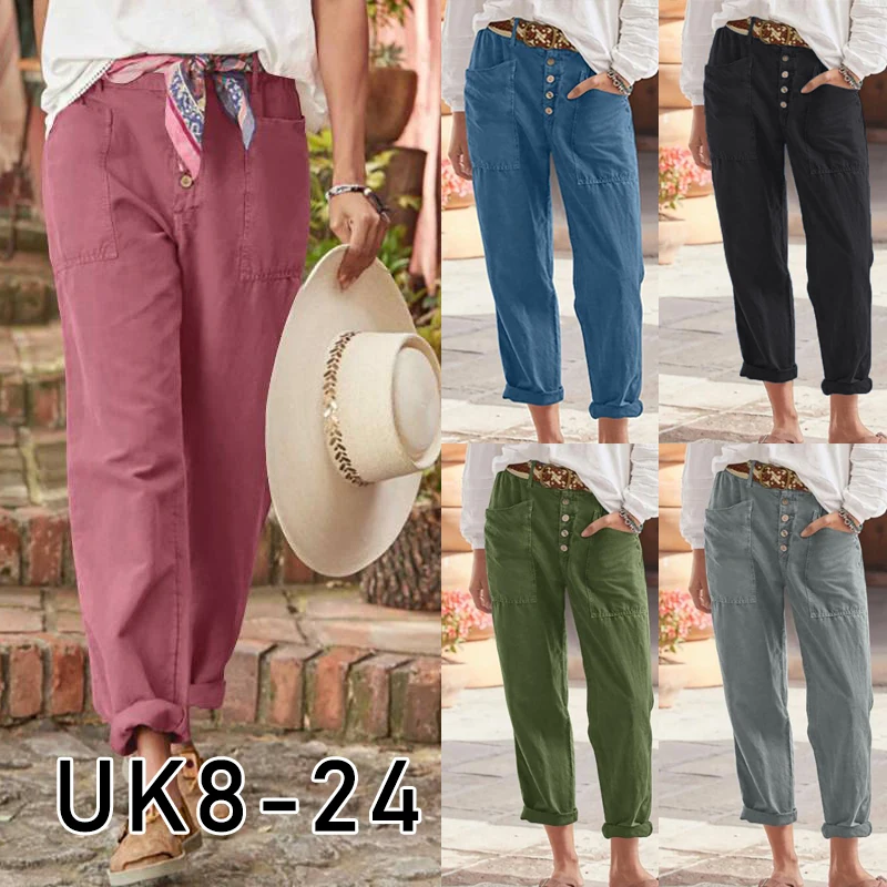 Women's Cotton Linen Cargo Pants Comfortable Casual Loose High Waist Big Pocket Harem Pants Straight Trousers Ladies Daily Wear