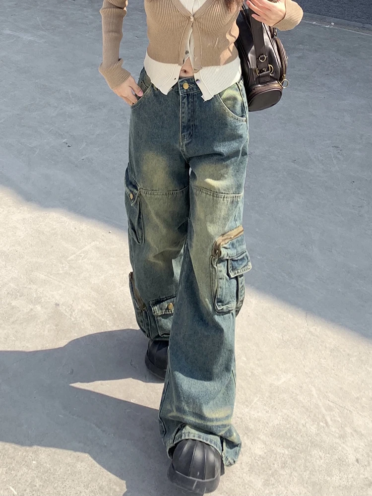Vintage Harajuku Loose Casual Cargo Jeans for Women Street High Waist Wide Leg Y2K Pockets Denim Pants Girls Trousers Overalls