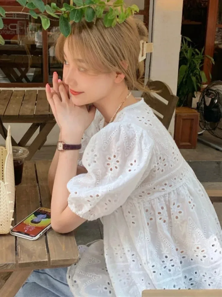 Sweet Puff Sleeve Blouse for Women, Elegant Shirts, White Hollow Out, Short Tops, Summer Fashion, New, 789