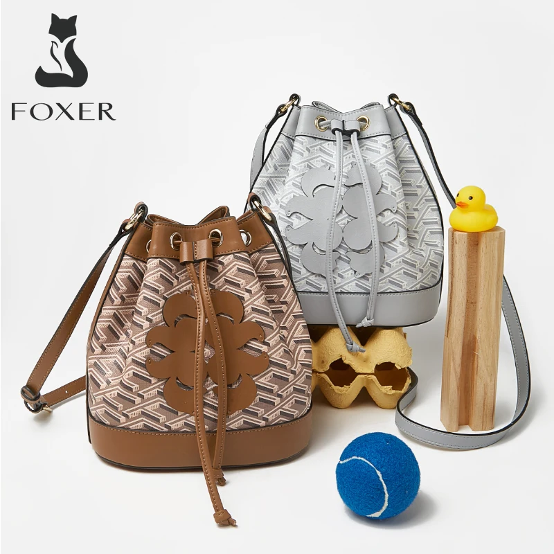 FOXER Brand Monogram Lady PU Leather Shoulder Bag Stylish Women's Versatile Bucket Crossbody Bag Female Drawstring Messenger Bag