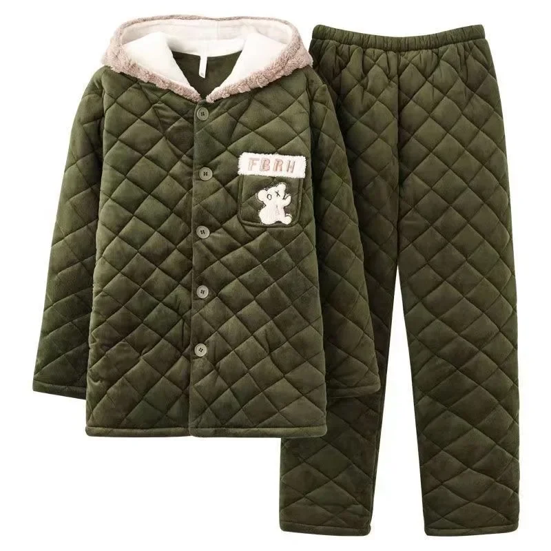 Couple Pajamas Women Winter Three Layers Cotton Coral Velvet Plush Nighty Thickening Warmth Men Home Wear Two-piece Set Outdoor