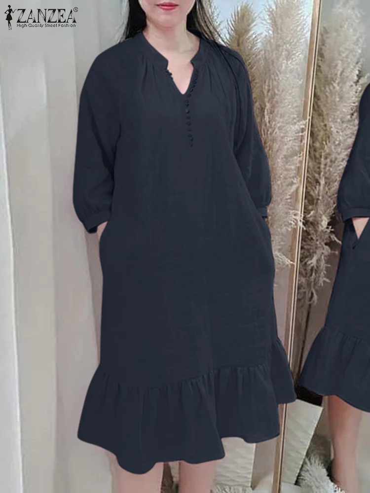 

ZANZEA Vintage Sundress Summer Elegant Robe Women Casual Short Sleeve Dress Fashion V Neck Holdiay Vestidos Ruffles Midi Dresses