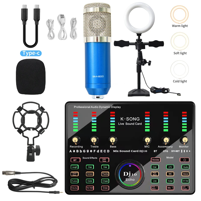 BM 800 Professional Condenser Studio Microphone Bluetooth Wireless with Ring Fill Light Sound Card for Karaoke Gaming Pc Phone 