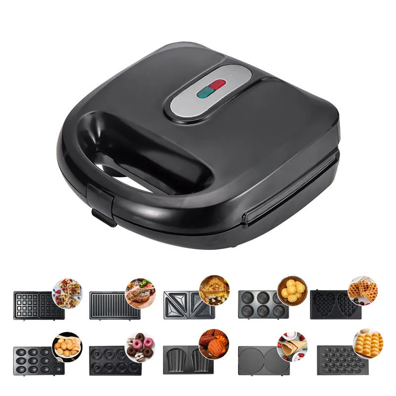 Gofrera de 750W 10 en 1, máquina de desayuno extraíble, sándwich, pastel, nueces, Donuts, casero, DIY, Potluck, chasis de fiesta calentado