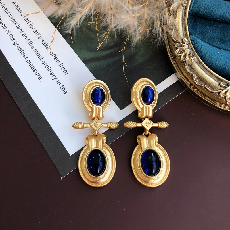 Vintage Blue Earrings Stud Statement Drop French Jewelry Geometric Accessories