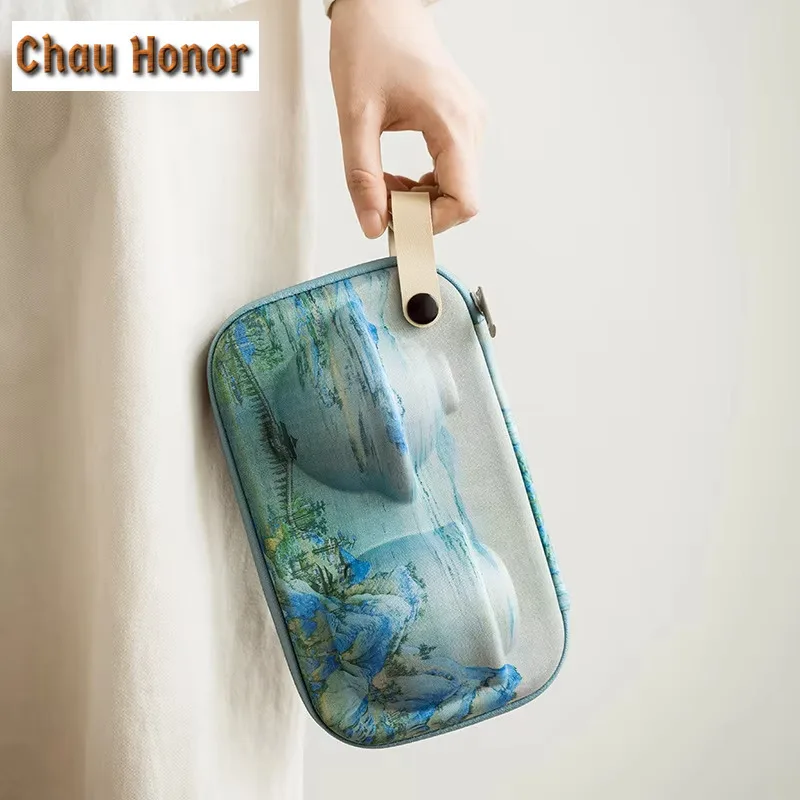 Customize Chinese Landscape Kung Fu Teaset Ceramic Portable Teapot Set Travel Gaiwan Tea Cup of Tea Ceremony Teacup Carrying Bag