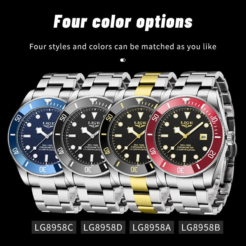 LIGE Watches for Men Top Brand Luxury Chronograph Luminous Quartz Watch Fashion Business Waterproof Stainless Steel Wrist watch
