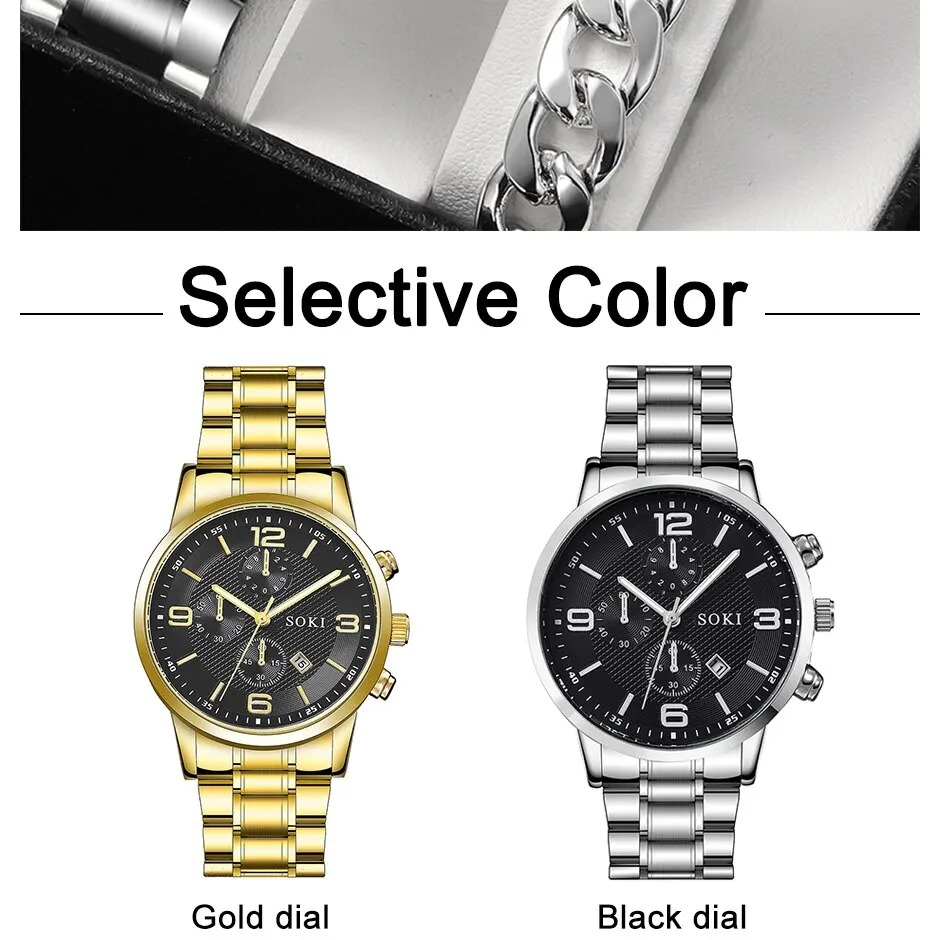 SOKI 2pcs Silver Quartz Watch With Stainless Steel Bracelet For Men Business Fashion Round Calendar Watch Set