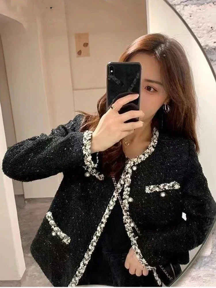 

Spring Autumn Women's Korean Fashion Elegant Lady Woolen Short Outerwear French Lady Small Fragrant Tweed Jacket Coat