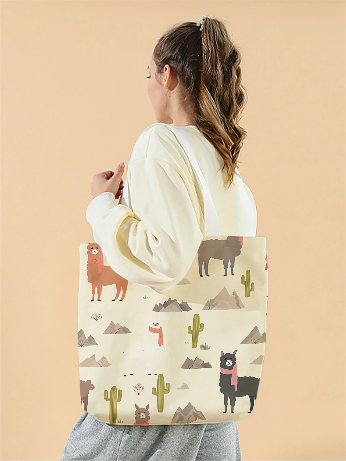 1pc,cartoon alpaca handbag, reusable fashionable handbag, multifunctional handbag, printed canvas shopping bag