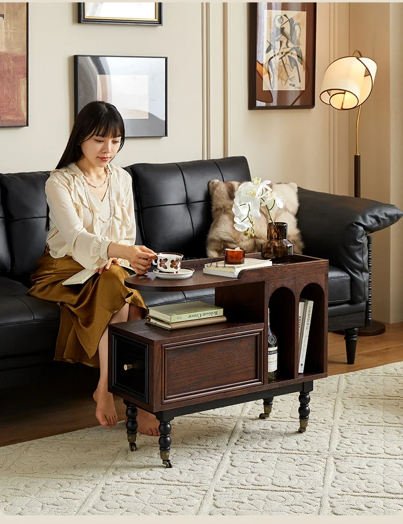 French retro solid wood movable trolley antique living room sofa side coffee table