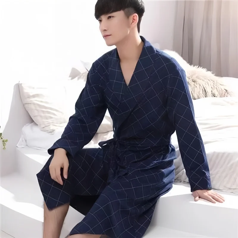 Spring Autumn Men's 100% Pure Cotton Nightgown Sexy Mid length Bathrobe Summer Oversized Comfortable Home Clothing