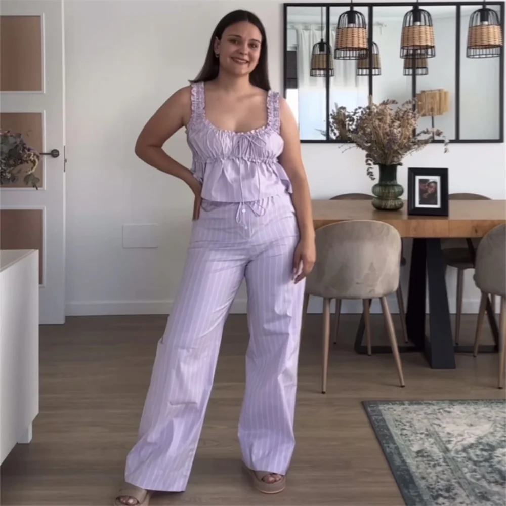 PB&ZA 2024 Summer New Women's Fashion and Elegance Slim Fit Versatile Wooden Ear Edge Tank Top Straight Leg Long Pants Set