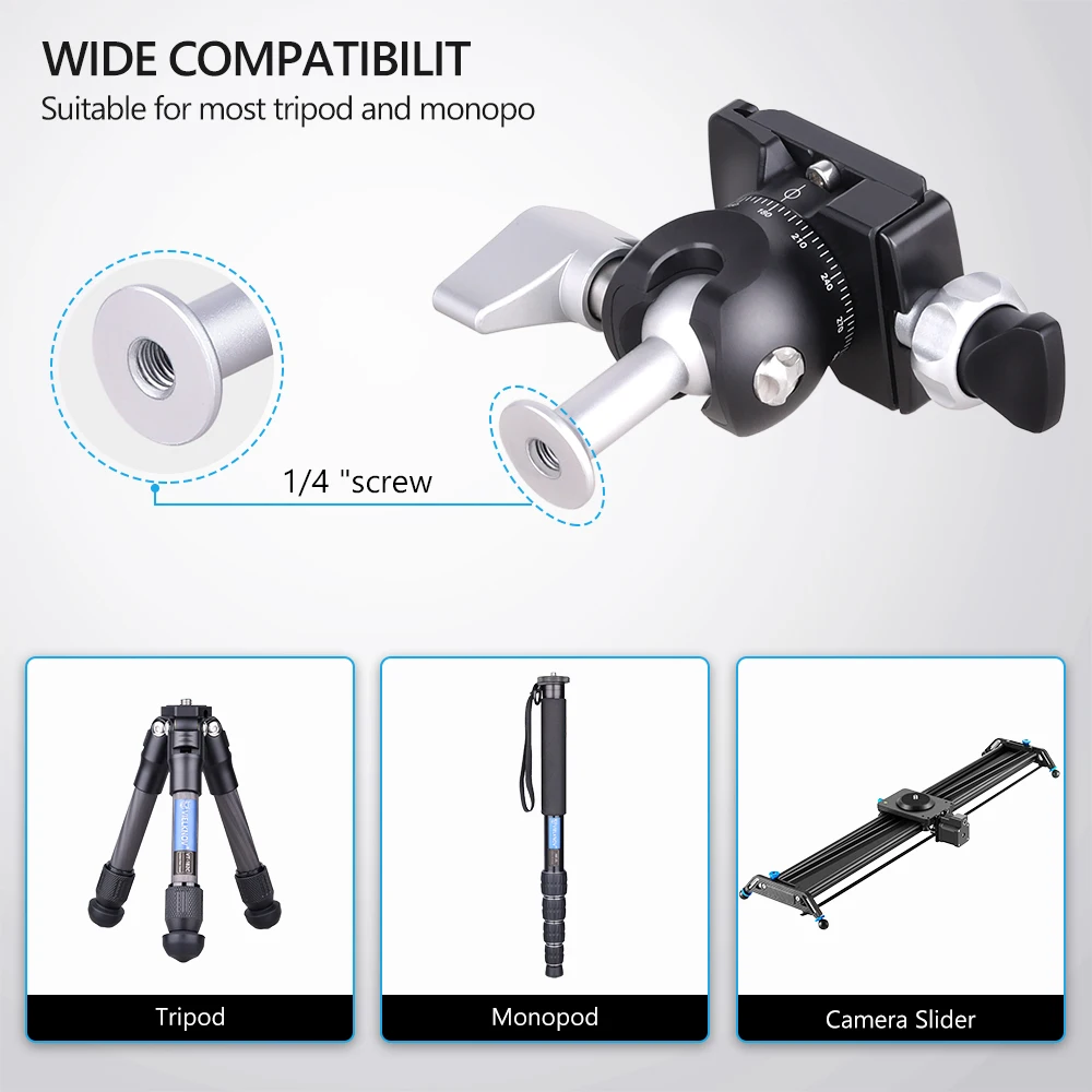 미니 역방향 볼 헤드 360도 회전 카메라 삼각대 헤드 DSLR, 카메라, 전화용 퀵 릴리스 플레이트가 있는 CNC 알루미늄 합금