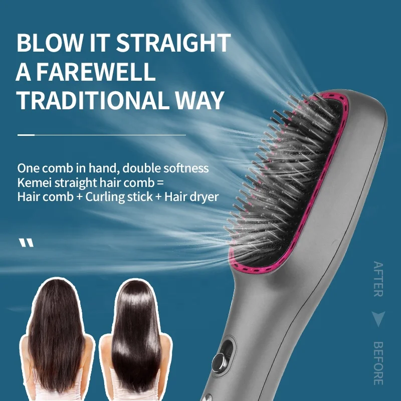 Kemei Electric Hair Brush Multifunctional One-Step Hair Dryer Ion- Straightening Curling Iron Blower Comb Hot Air Styling Tool
