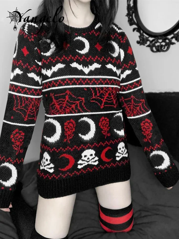

2023 Gothic Moon Skull Pattern Sweater Women's Knit Top Loose Long Sleeves Warm Autumn Winter Street 2023 Girls Pullover