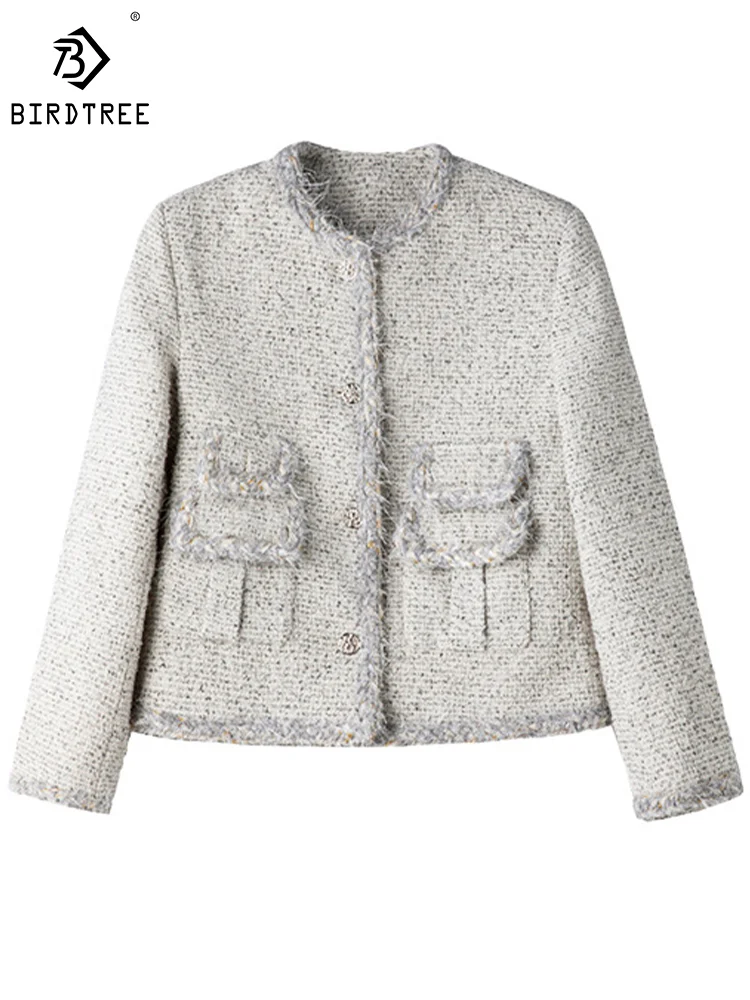 

Birdtree Wool Blend Chic O-Neck Coats Women Tweed Retro Classical Look Short Jacket 2024 Spring Autumn New Tops C41352QM