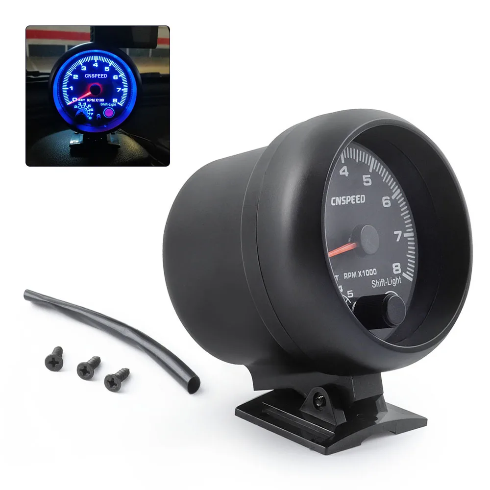 

New Car 12V Tachometer Gauge Blue Inter Shift Light 0-8000 RPM Tachometer RPM Gauge 3.75'' Car Universal Black Fit 4 6 8Cylinder