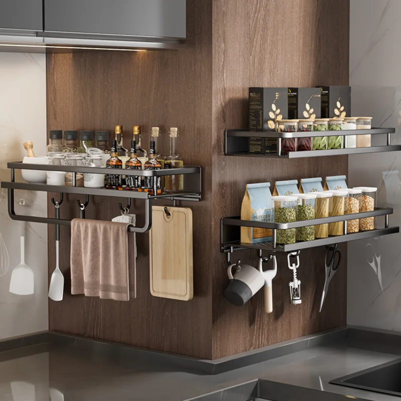 Kitchen Seasoning Rack Wall-Mounted Pepper Spices Storage Storage Shelf with Hook Rod Spade Towel Storage Kitchen Accessories