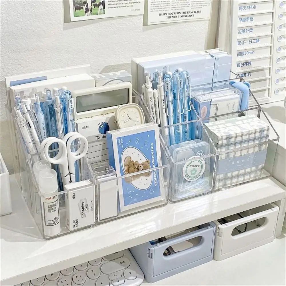 Desk Pen Holder Pen Stand Transparent Stationery Organizer 5-Grid Acrylic Pencil Storage Box Cosmetic Organizer