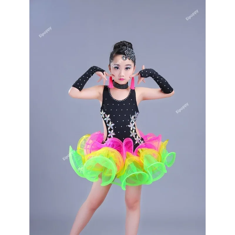 Kids Sequin Latin Dance Dress For Girls Fashion Cha Cha Salsa Tango Dance Outfit Stage Costume Performance Outfits Competition