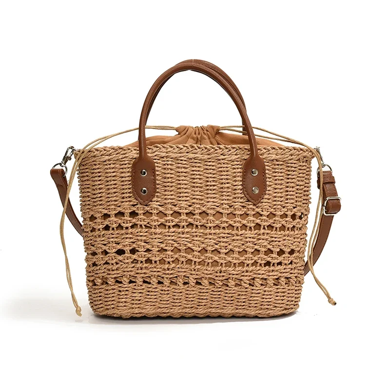 Bolso de hombro para mujer con cordón de gran capacidad y tejido de paja de alta calidad, muy vendido, bolso de mano versátil para playa de verano 2024