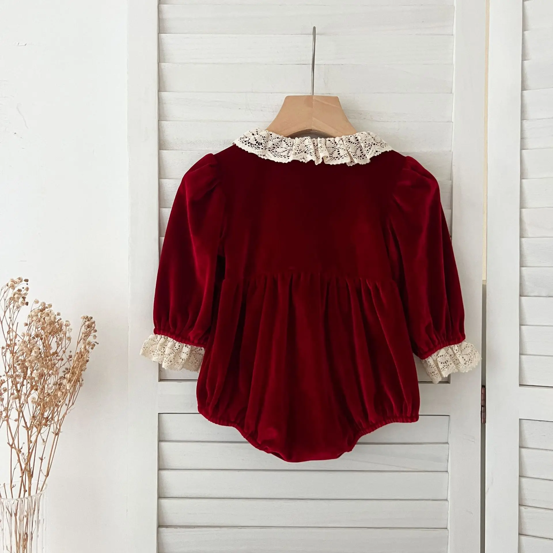 Kind Mädchen Zwei Stil Kleid Elegante Burgund Samt Outfits Spitze Peter Pan Kragen Spitze Getrimmt Manschetten Kinder Rock Baby Strampler – Detail 9