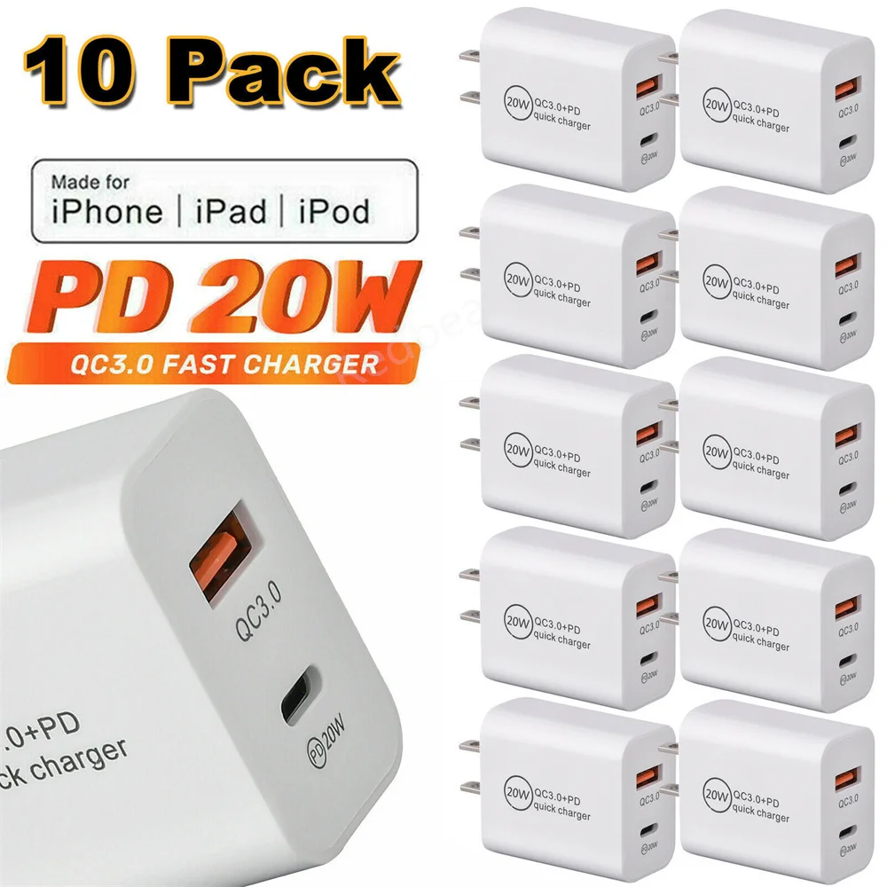 

10Pack 20W Fast Charging Dual Ports PD Eu US Wall Charge Power Adapters Charger Plug For IPhone 13 14 Samsung Huawei htc