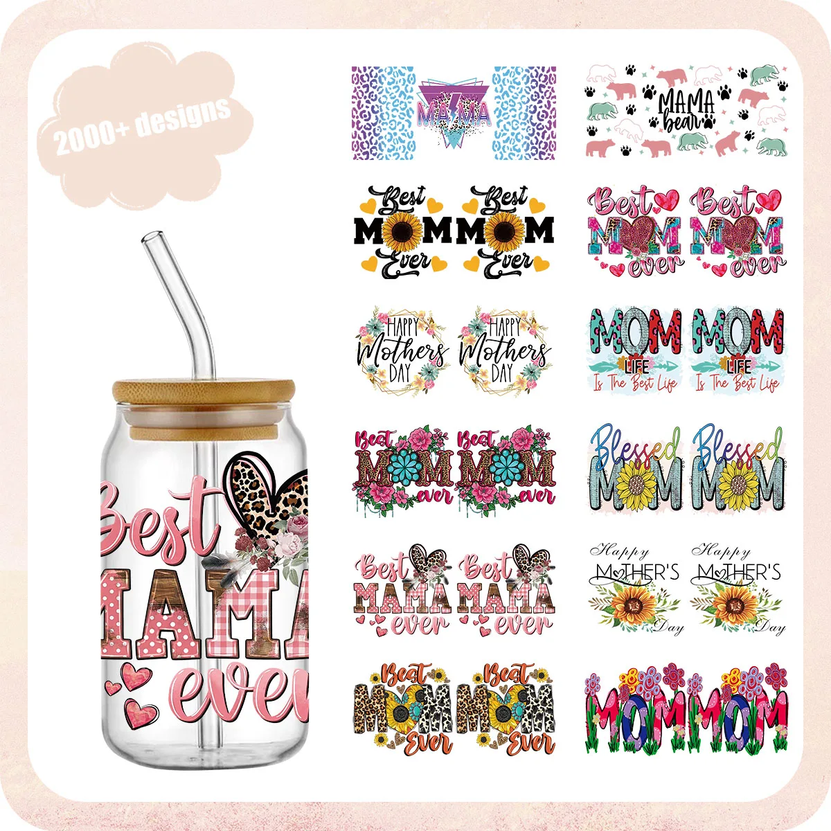 

MAMA and Cute Flowers UV DTF Cup Wrap Transfers 16oz Libbey Glass Can Ready to Ship