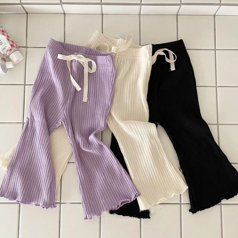 3-9T Baby Girl Casual Flared Trousers Spring Summer Stretchy Ribbed Wooden Hem Girls Infant Kids Versatile Soft Cotton Leggings 1