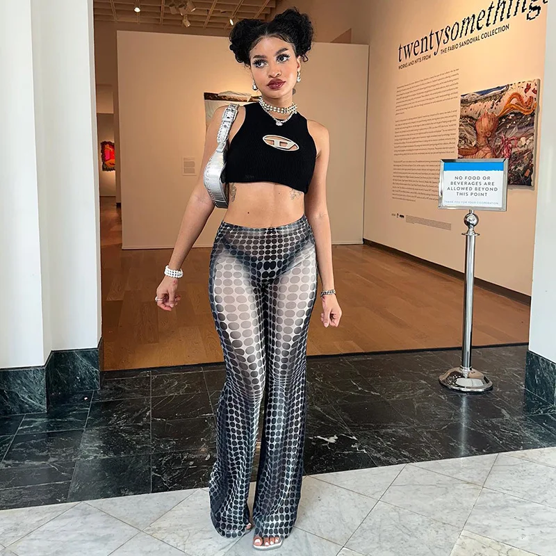 

Summer Long Pants Fashion Streetwear Pant Sexy See Through High Waist Pant polka dot patterns Female Loose