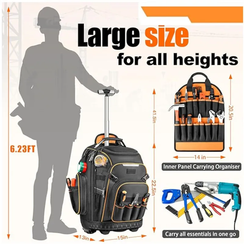 Zaino Porta Attrezzi con Ruote, Borsa Porta Utensili Resistente di Grande Capacità, Organizer Professionale per Elettricisti - immagine 4