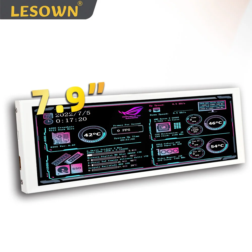 LESOWN 바 디스플레이 7.9 인치 흰색 LCD 와이드 미니 하위 화면 HD..
